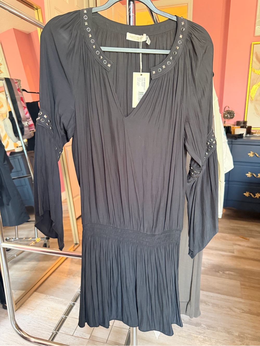 Ramy Brook Black V-Neck Mini Dress with Stud Trim